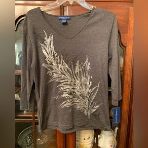 Karen Scott milan peacock feather shirt Heather gray size Petite Large NWT
